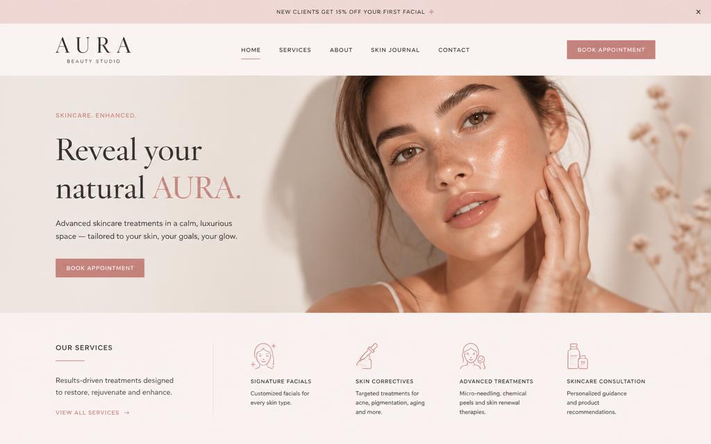 Anteprima del concept AURA: sito di un beauty studio a Viareggio con toni neutri e rosa cipria