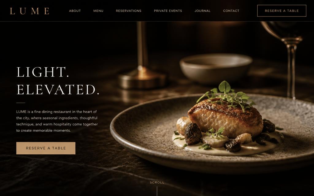Anteprima del concept LUME: sito di un ristorante fine dining a Pietrasanta con fotografia food su fondo scuro